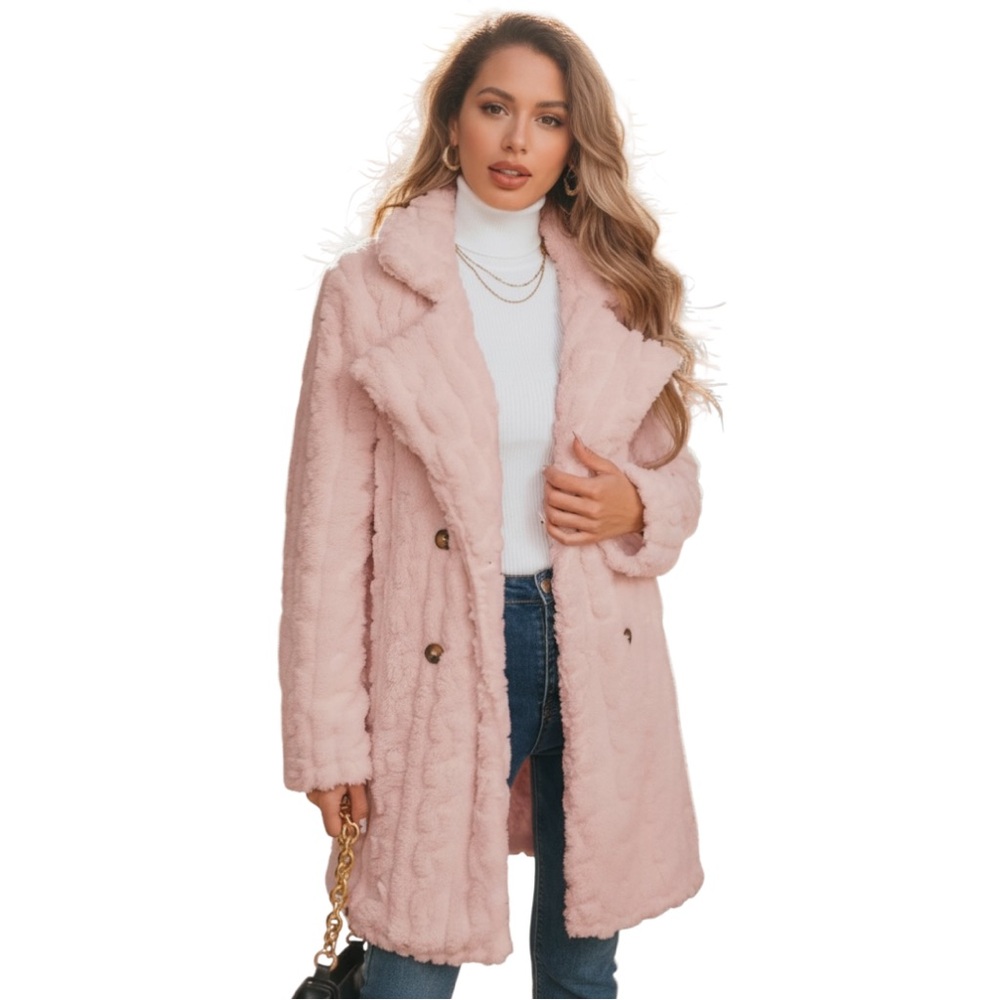 NWT! Cozy Elegance in Soft Pink: Double-Breasted Jacquard Coat - Size: XL